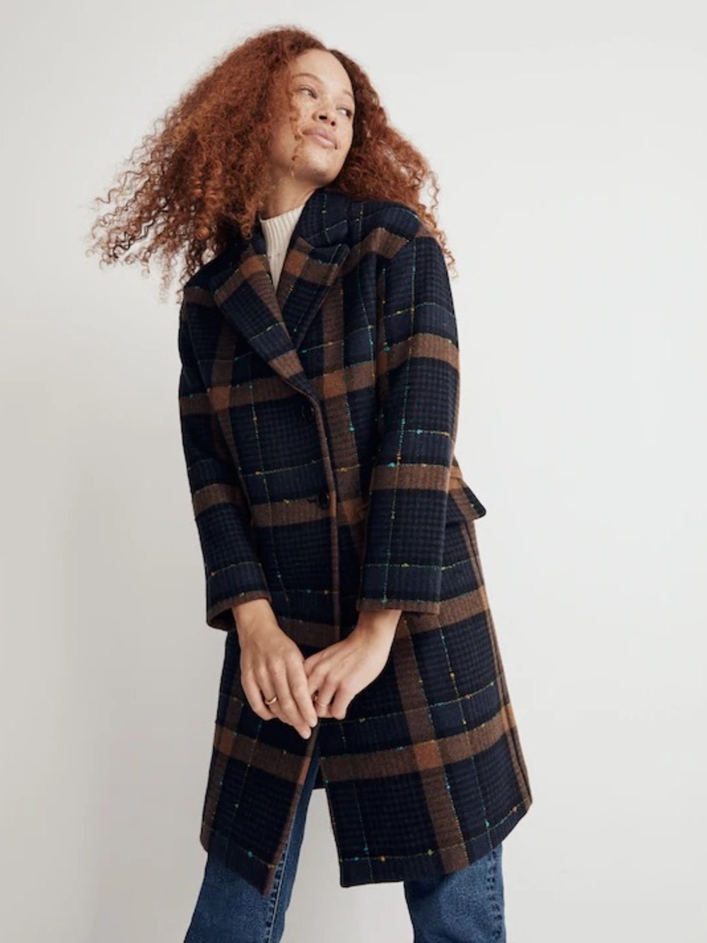 Madewell Elmcourt in Insuluxe Fabric Navy and Brown Baltic Plaid Wool Pea Coat